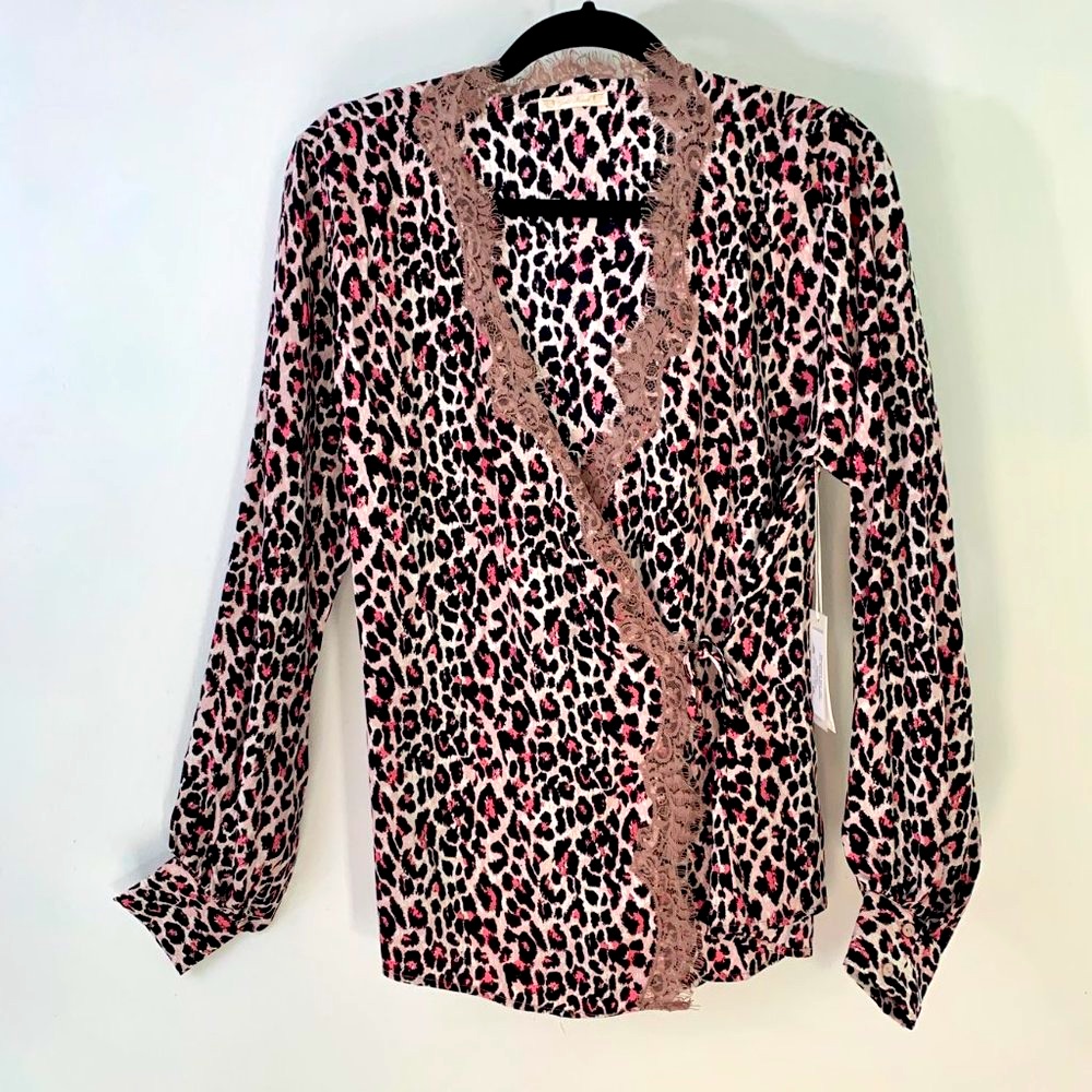 Gold Hawk Animal Print Wrap Blouse; Silk & Lace Sm *Nwt*